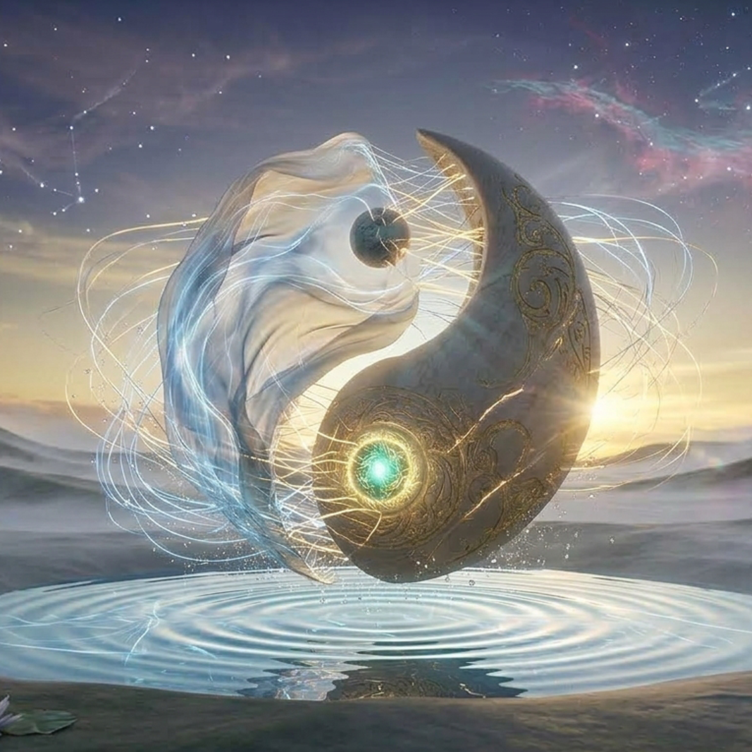 A luminous yin and yang figure, one half flowing silk and light, the other carved and glowing, suspended over rippling water at dusk.